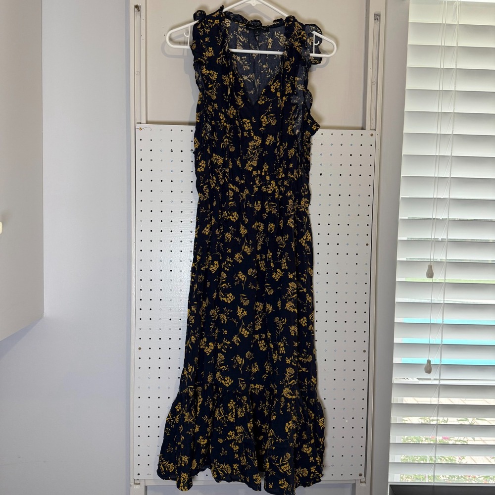 Banana Republic Midi Dress Women's 4 Black Yellow Floral Tie-Neck Sleeveless